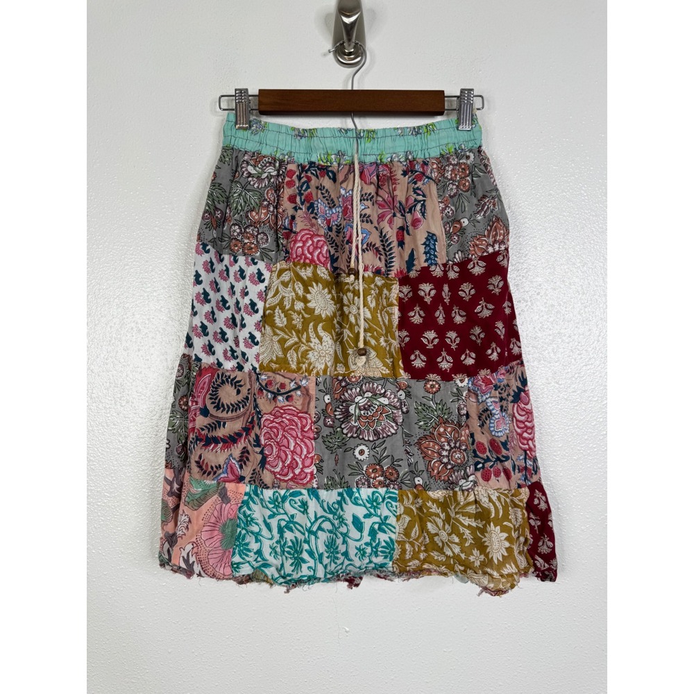 Boho Patchwork Floral Midi Skirt Multi Color Tiered Drawstring Waist No Tag